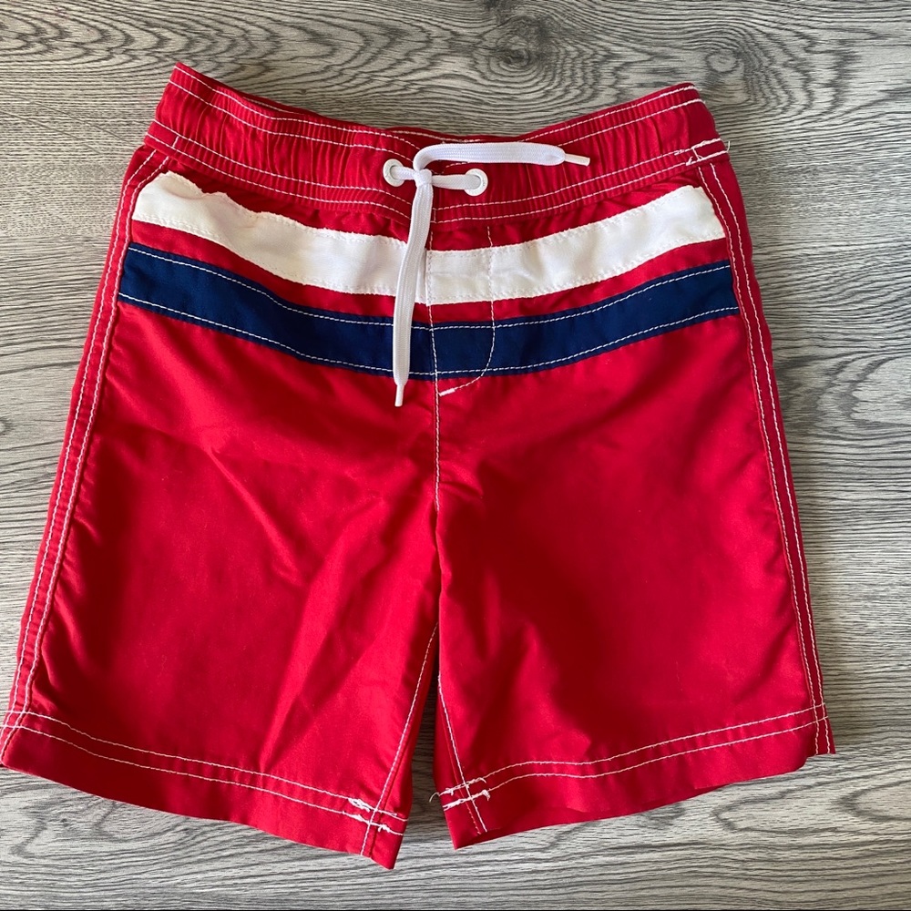 Lands End Kids Small Red Color Block Swim Trunks